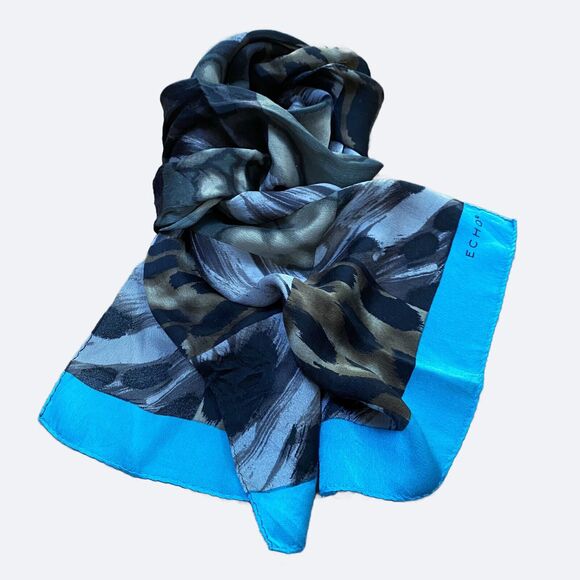 Vintage ECHO Silk Scarf Long Rectangle Animal Print Patchwork Logo Blue Sheer - Picture 2 of 5